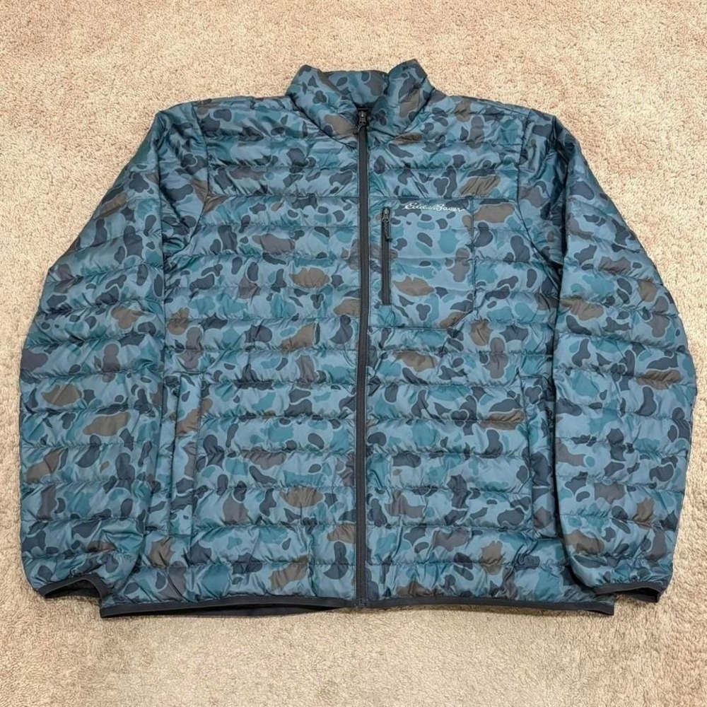 Eddie Bauer Men's XL StratusTherm Down Jacket Green Camo Puffer Full Zip Outdoor